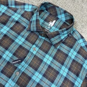 Johnnie-O Featherweight Plaid Button Up Shirt Mens Medium Teal Blue Tweener NWT